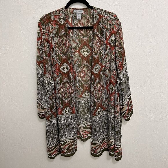 Catherines Sweaters - Catherines Kimono Cardigan Open Knit Olive Green Aztec Print Open Front 3X 26/28